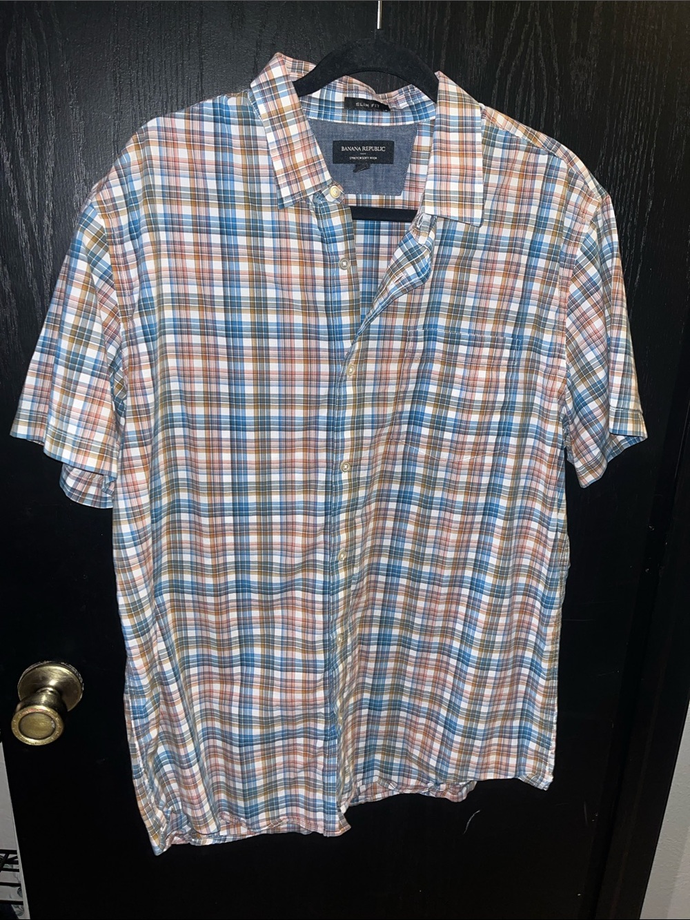 Banana Republic Men's Short-Sleeve Plaid Button-Down - Blue & Brown & White